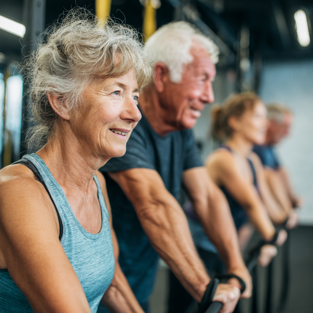 mature adults participating in functional fitness class together