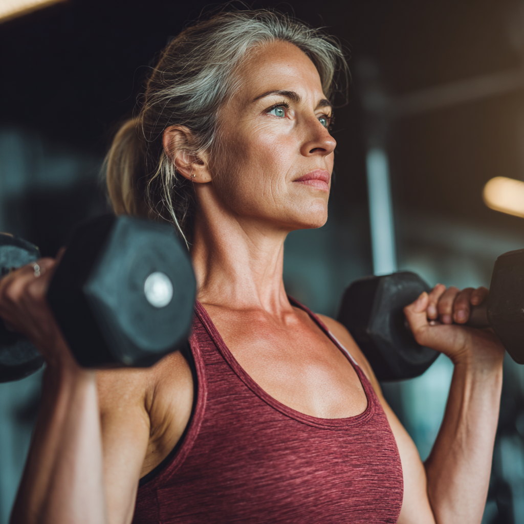 middle-aged woman doing strength training with confidence